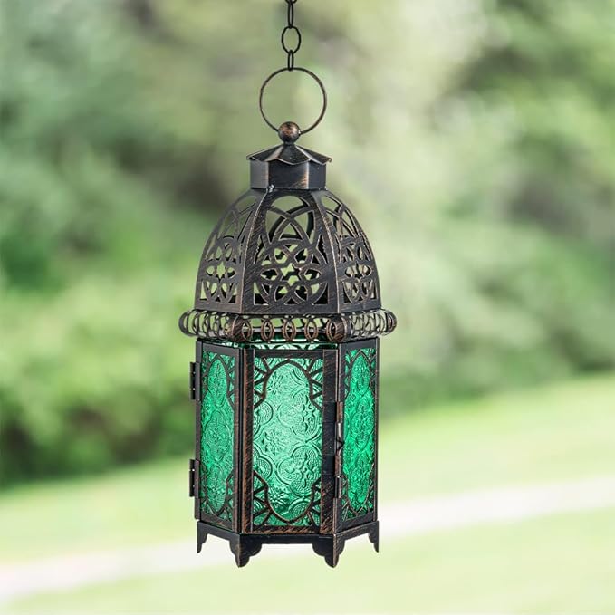 NEEDOMO Hanging Moroccan Lantern, 12.8'' Vintage Candle Holder, Metal Lanterns Decorative Indoor Outdoor, Table, Patio, Porch, Shelf, Gothic Home Decor (Green, Large Size)