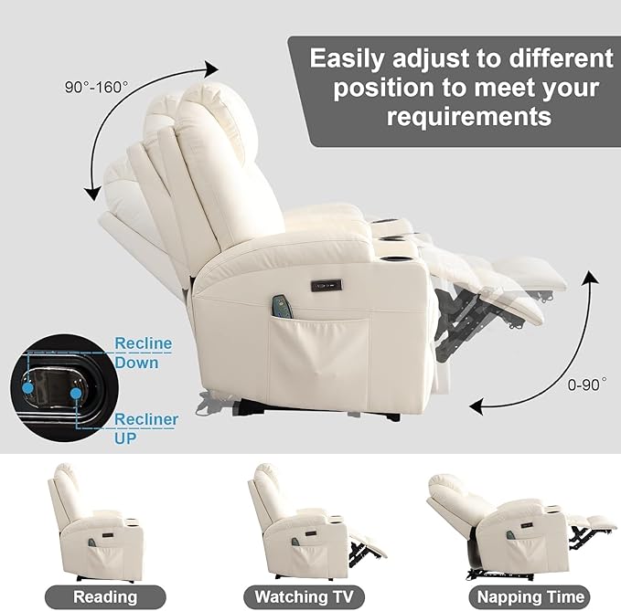 Power Recliner Chair with Heat and Massage, PU Leather Home Theater Seating with LED Lights/Cup Holders/Side Pocket/USB Port, Reclining Sofa Chair for Living Room(2, Beige)