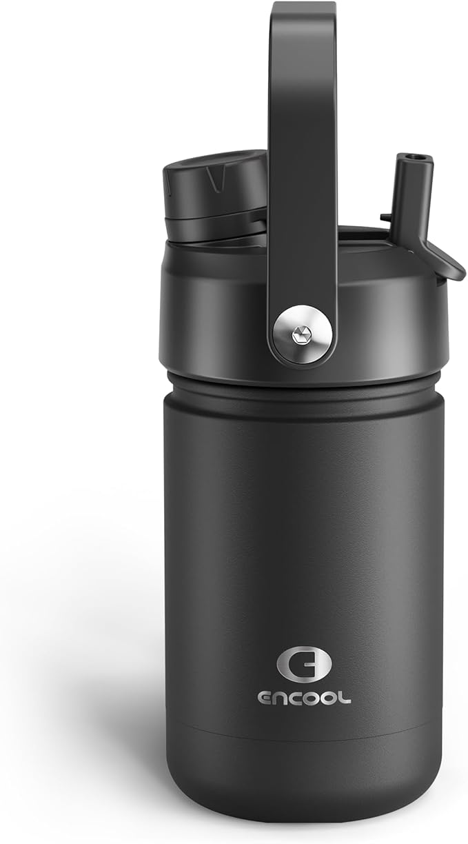 Kids Insualated Water Bottle with Straw - 12oz Stainless Steel Water Bottle with Dual Spouts, Leak-Proof, BPA-Free, Double Wall Vacuum Keeps Cold for 24 Hours for Sports, Travel, School (Black Night)