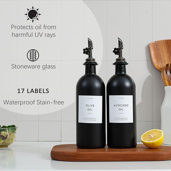 HOMCDALY Olive Oil Dispenser for Kitchen, 16oz Glass Oil Bottles with Bamboo Tray, Black Oil&Vinegar Cruet Set, Kitchen Dispenser Bottles with Pourer | Set of 2 (16oz – Black)