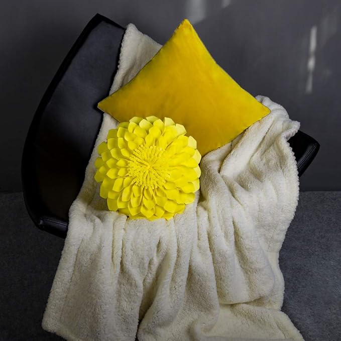 JWH Handmade 3D Flower Pillow Cover Aesthetic Decorative Round Throw Pillow Floral Accent Cushion Case Velvet Pillowcase Cute for Farmhouse Bed Couch Bedroom Decor Sham 14 Inch Bright Yellow