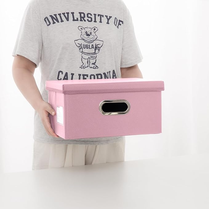 PRANDOM Collapsible Storage Box with Lid [1-Pack] Leather Fabric Foldable Storage Bin Organizer Container Basket Cube with Cover for Home Bedroom Closet Office Nursery Pink (13.6x9.6x6.9)