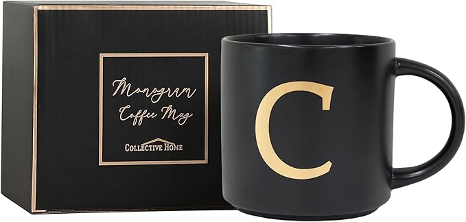 COLLECTIVE HOME - Monogram Ceramic Mugs, 15 oz Golden Initial Black Coffee Cups, Elegant Alphabet Tea Mugs, Elegant Personalized Mug with Gift Box, Unique Mug with Double Side Capital Lette (C)