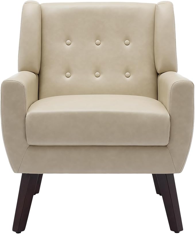 UIXE Faux Leather Accent Chair, Modern Arm Club Chair Upholstered Armchair for Living Room, Comfy Single Sofa Seats Button Tufted Reading Seating, Cream