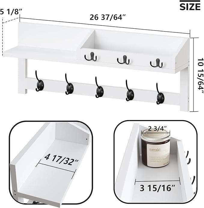 AMBIRD 26.57-Inch Wall Hanging Shelf With Coat Hooks - Entryway Wood Rack With 5 Dual Hooks, 3 Key Hooks, Mail Organizer and Key Holder (White)