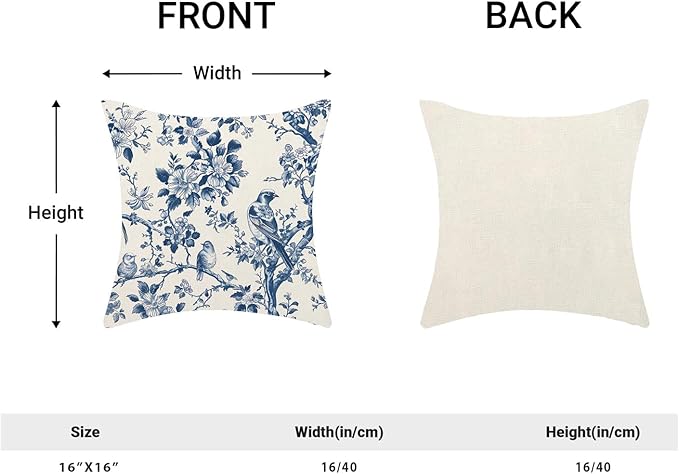 Navy Blue Spring Floral Pillow Covers 16 x 16 Inch Set of 2 for Vintage Chinoiserie Flowers Bird Decor Throw Pillows Plant Farmhouse Outdoor Decorative Cushion Cases for Couch Bed Decorations