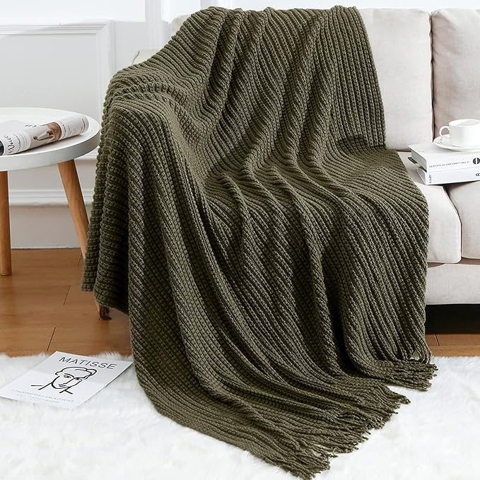 Blagic Knitted Throw Blanket for Couch Soft Farmhouse Boho Throw Blanket with Tassels Home Decorative Lightweight Throw Blankets,Dark Green Throws for Bed/Chair/Sofa, Wheat Textured, 50" W x 60" L