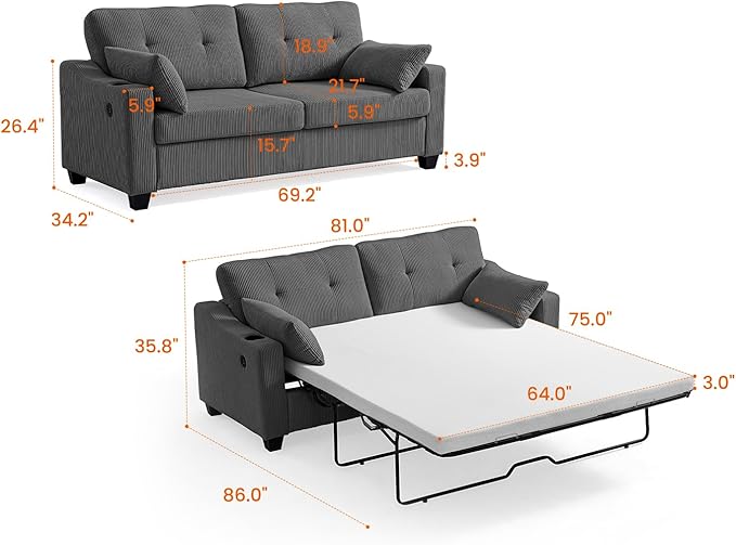 Pull Out Sofa Bed, Full Size Sleeper Sofa, 2-in-1 Convertible Corduroy Couch with USB Charging, Memory Form Couch for Living Room, Apartment and Small Space (Dark Grey, Corduroy - Queen Size)