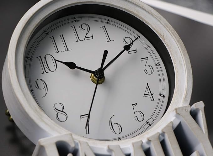 6.5 Inches Mantel Clock, Vintage Non-Ticking Family Desk Table Clock Battery Operated with Quartz Movement HD Glass for Kids Bedroom Living Room Office (Distressed White)