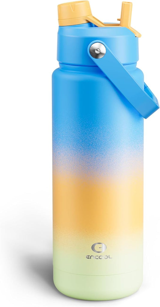 Insulated Water Bottle with Straw Stainless Steel Water Bottle, Leak-Proof, BPA-Free, Double Wall Vacuum Keeps Cold for 24 Hours for Sports, Travel, School (32 oz, Sunny Breeze)