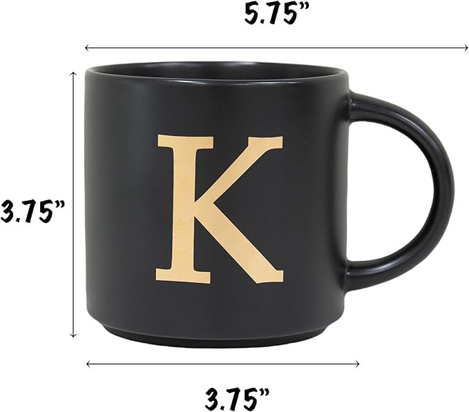 COLLECTIVE HOME - Monogram Ceramic Mugs, 15 oz Golden Initial Black Coffee Cups, Elegant Alphabet Tea Mugs, Elegant Personalized Mug with Gift Box, Unique Mug with Double Side Capital Lette (K)