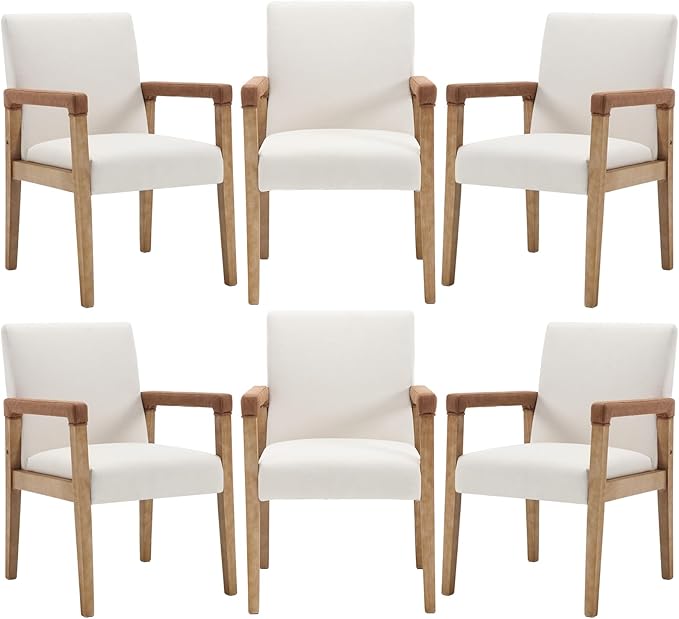Mid Century Modern Dining Chairs Set of 6 Linen Fabric Upholstered Living Room Side Chair, Kitchen Arm Chair with Solid Wood Legs for Home Kitchen & Restaurant, Linen White