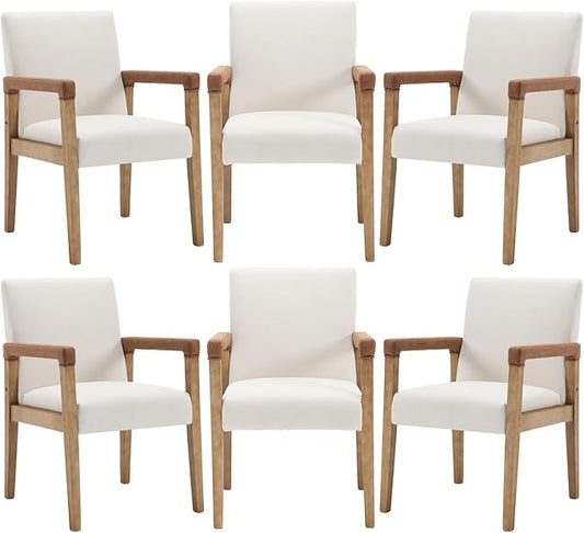 Mid Century Modern Dining Chairs Set of 6 Linen Fabric Upholstered Living Room Side Chair, Kitchen Arm Chair with Solid Wood Legs for Home Kitchen & Restaurant, Linen White