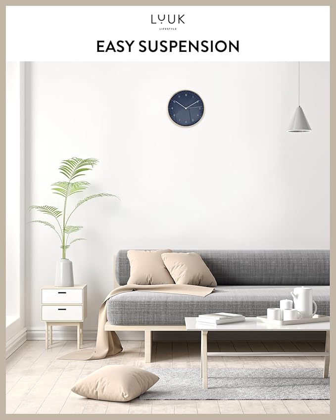 LUUK LIFESTYLE Modern Quartz Wall Clock with Silent Movement, Scandinavian Design, Kitchen and Living Room Clock, Gift idea, Trendy Home Decor, 10 inch, in Dark Blue and Gold