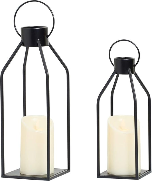 HPC Decor Modern Farmhouse Lanterrn Decor- Black Metal Candle for Summer Night- Lanterns w/Timer Flickering Candles for Living Room,Home,Indoor, Outdoor,Table,Fireplace Mantle Décor