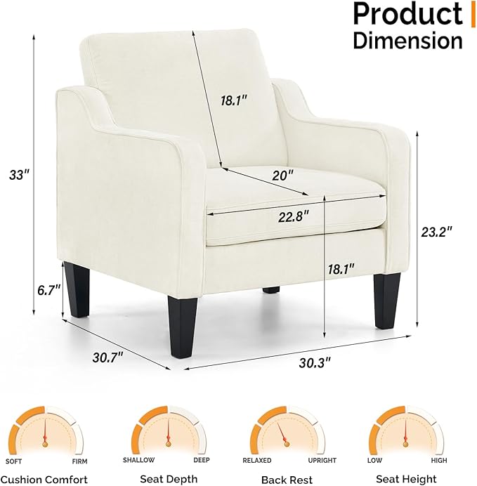 VINGLI Mid Century Modern Accent Chairs for Living Room, Cream White Comfy Reading Chair Soft Chenille Sofa Chairs Upholstered Side Armchair for Living Room, Bedroom, Apartment