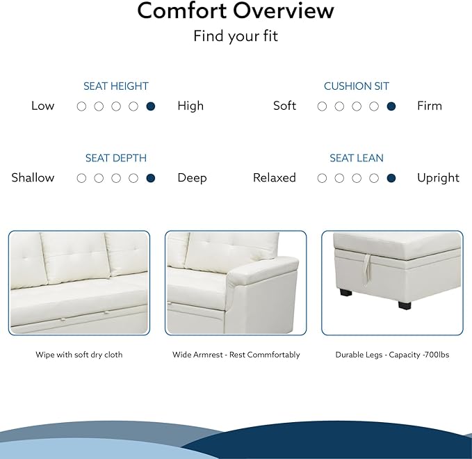 Naomi Home Transform Any Space: Sleeper Sectional Sofa with Convertible Sofa Bed & Inviting Chaise. Find Tranquil Comfort with Stress-Relieving Design & Durable Cushions - White/Air Leather