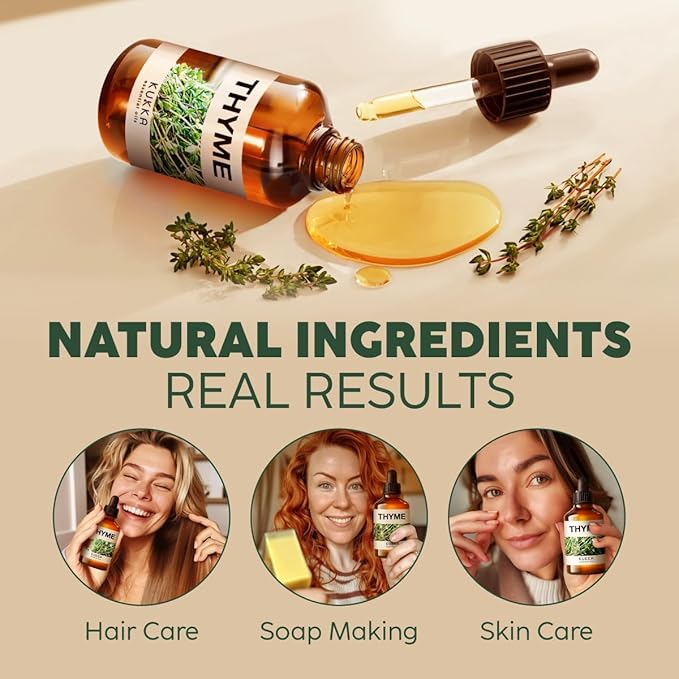Kukka Thyme Essential Oil for Hair, Skin & Diffuser - 4 Fl Oz - 100% Pure Natural Thyme Oil, Herbaceous Scent, for Aromatherapy & Making Scent DIY