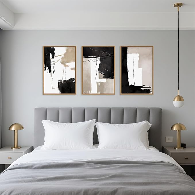 Black White Brown Framed Canvas Wall Art Set, Neutral Geometric Wall Decor, Modern Abstract Wall Painting, Minimalist Artworks for Living Room, Bedroom, Dining Room, Office - 16"x24"x3