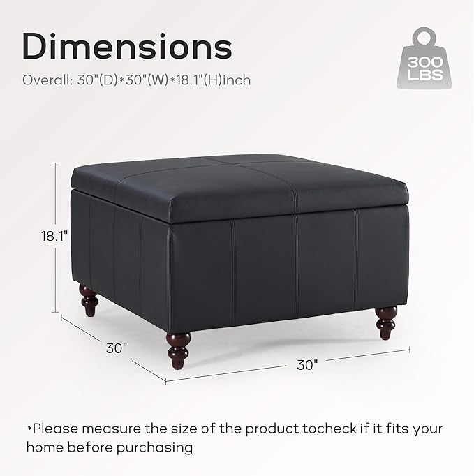 HUIMO Square Leather Storage Ottoman, Black Tufted Large Ottoman for Living Room, Coffee Table with Storage(Black)