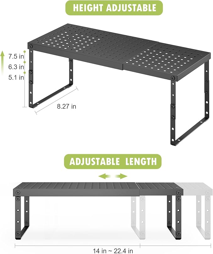 Expandable Cabinet Organizer Shelf With Adjustable Height, Stackable Kitchen Countertop Organizer Rack, Adjustable Shelf Riser For Kitchen Counter, Pantry, Cupboard, Desk, Tabletop