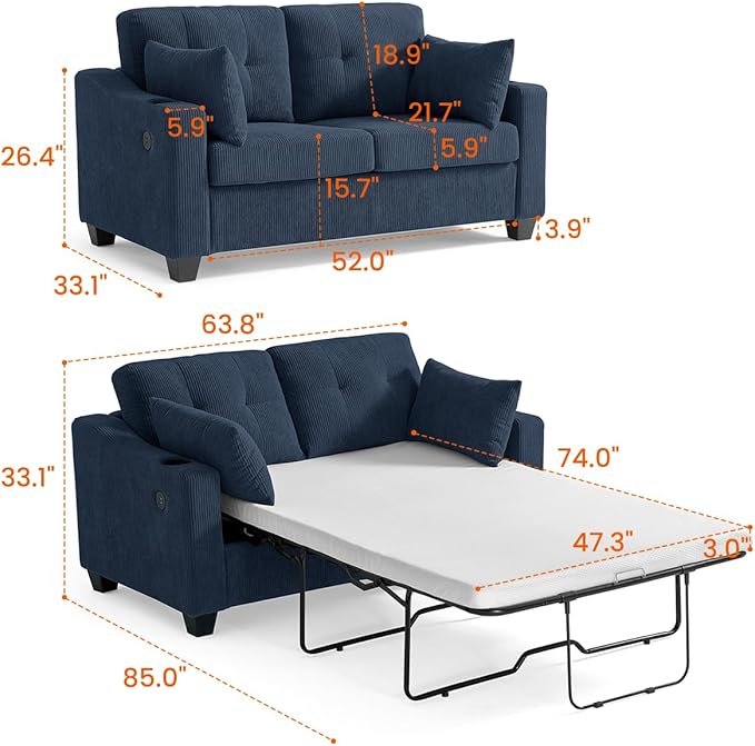 Pull Out Sofa Bed, Full Size Sleeper Sofa, 2-in-1 Convertible Corduroy Couch with USB Charging, Memory Form Couch for Living Room, Apartment and Small Space (Navy Blue, Corduroy - Full Size)