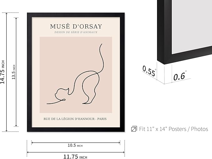 Poster Master Vintage Poster - Retro One Line Cat Drawing Print - Cat Art - Minimal Gift for Men, Women, Animal Lover - Abstract Wall Decor for Home, Office, Bedroom, 11x14 Black Framed