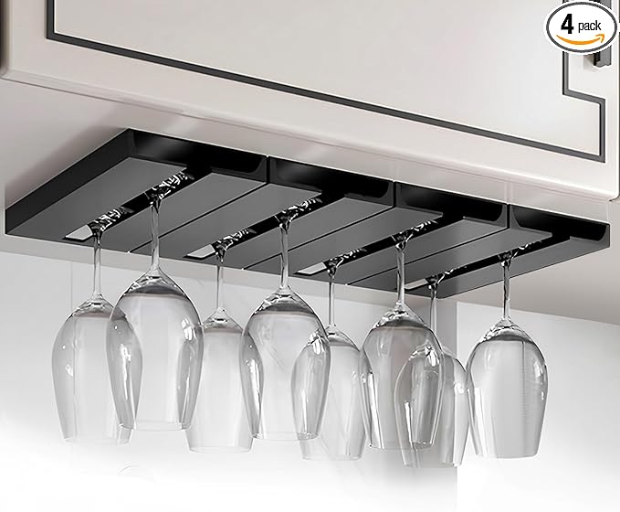 Wine Glass Holder Stemware Rack Hanger Under Cabinet or Counter for Bar,Kitchen and Restaurant Set of 4(black)