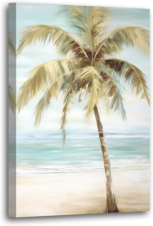 LURENCZH Tropical Beach Canvas Wall Art Seaside Palm Tree Picture Wall Decor Ocean Scenery Painting Prints for Bathroom Decor Framed(Beach-1,16.00" x 24.00")