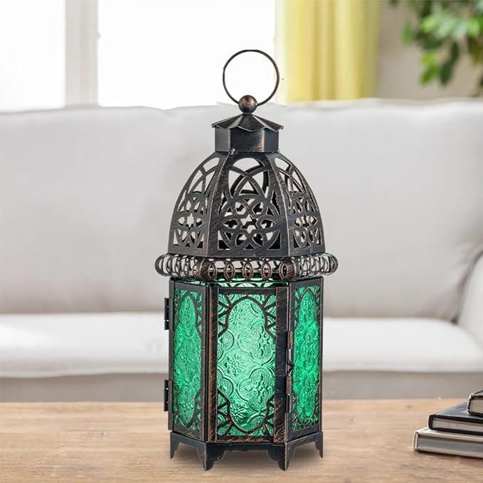 NEEDOMO Hanging Moroccan Lantern, 12.8'' Vintage Candle Holder, Metal Lanterns Decorative Indoor Outdoor, Table, Patio, Porch, Shelf, Gothic Home Decor (Green, Large Size)