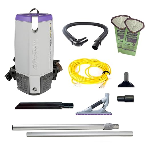 ProTeam Super Coach Pro 10 Commercial Backpack Vacuum with ProLevel HEPA Media Filtration and ProBlade Carpet Tool Kit, 10 Quart, Corded, 107536