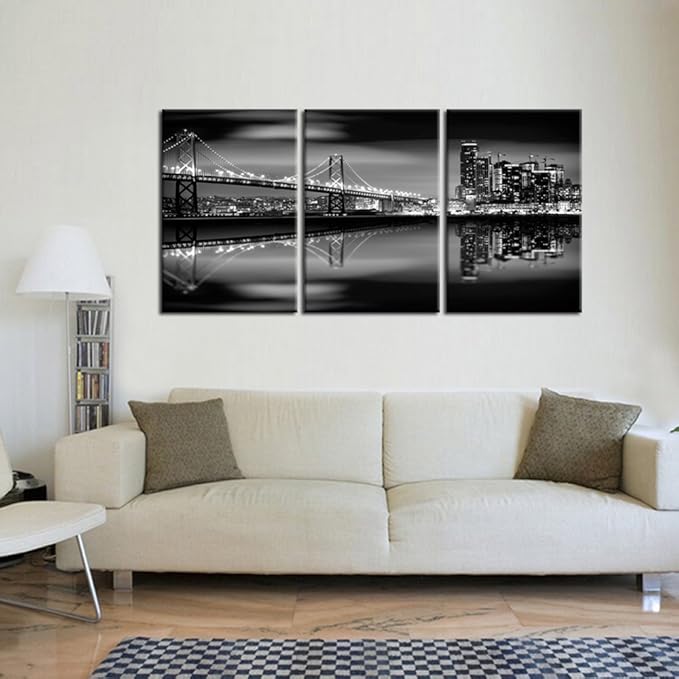 KREATIVE ARTS - San Francisco Bay at Night in Black and White Bridge 3 Panels Modern Landscape Artwork Canvas Prints Cityscape Pictures Paintings on Canvas Wall Art for Home Decor (16x24inchx3pcs)