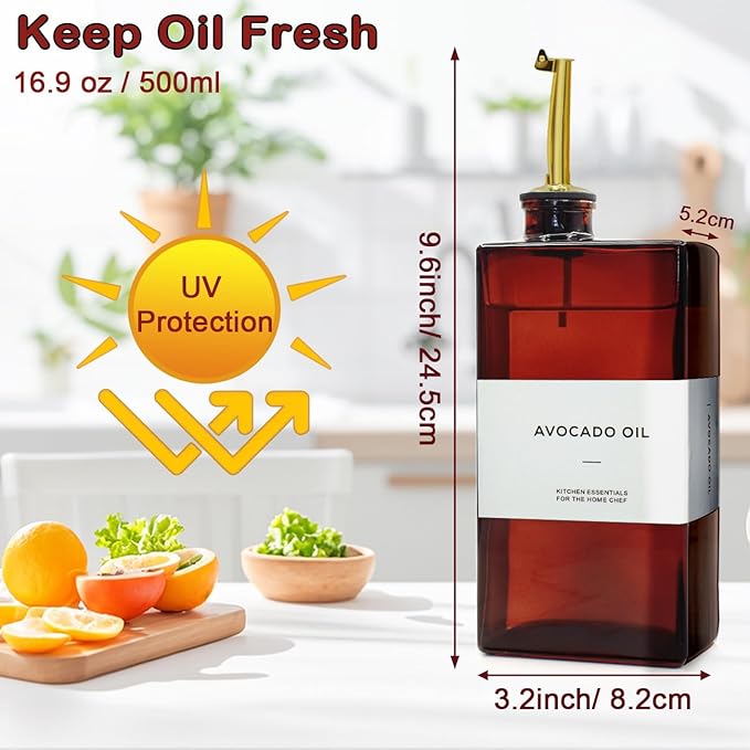 Olive Oil Dispenser Bottle for Kitchen - 16.9oz Dark Glass UV Protection, Oil and Vinegar Dispenser Set, Drip-Free Pourer, Kitchen Essential, Set of 2