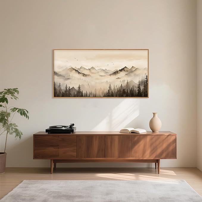 Nature Misty Forest Framed Canvas Wall Art Set, Foggy Landscape Wall Decor, Watercolor Pine Tree Wall Painting, Large Mountains Art Print for Living Room, Bedroom, Office - 20"X40"