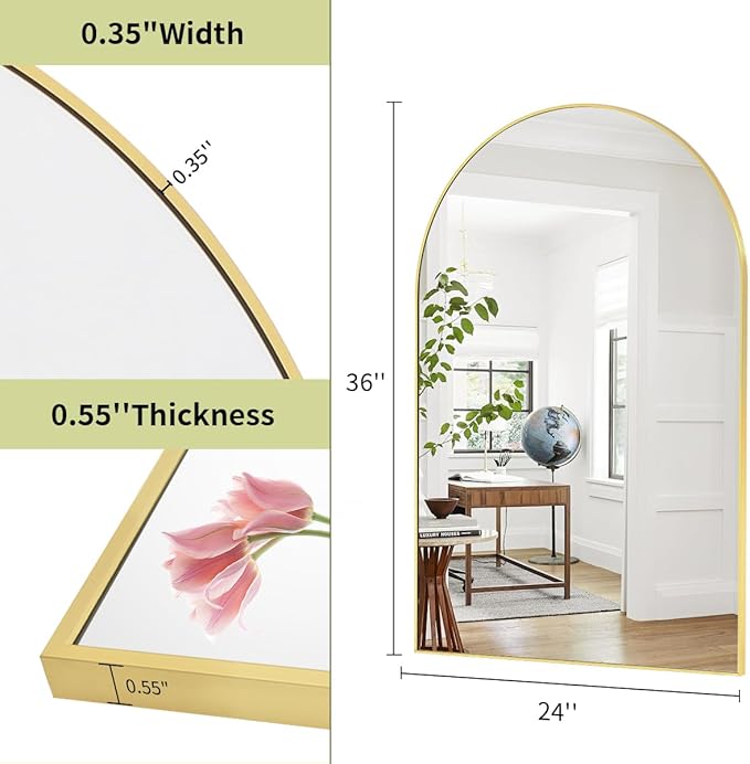 BEAUTYPEAK 24"x36" Arch Bathroom Mirror, Wall Mounted Vanity Metal Frame Mirror for Bedroom, Entryway, Living Room, Gold