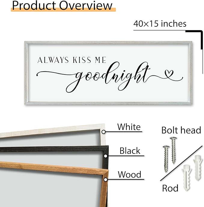 comurdyo Always Kiss Me Goodnight Sign for Bedroom Above bed Wall Decor 40''×15'' Large Wood Frame For Couples Over Bed Hanging Wall Art (White)