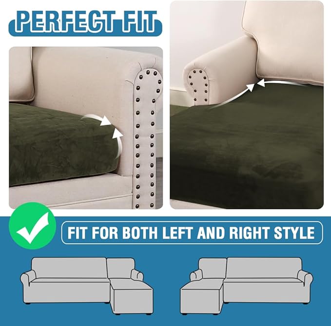 H.VERSAILTEX Velvet Stretch Sectional Couch Covers 4 Pieces Sofa Seat Cushion Covers L Shape Separate Couch Cover for Both Left/Right Sectional Couch (Large Sofa 3 Seater + 1 Chaise, Olive)