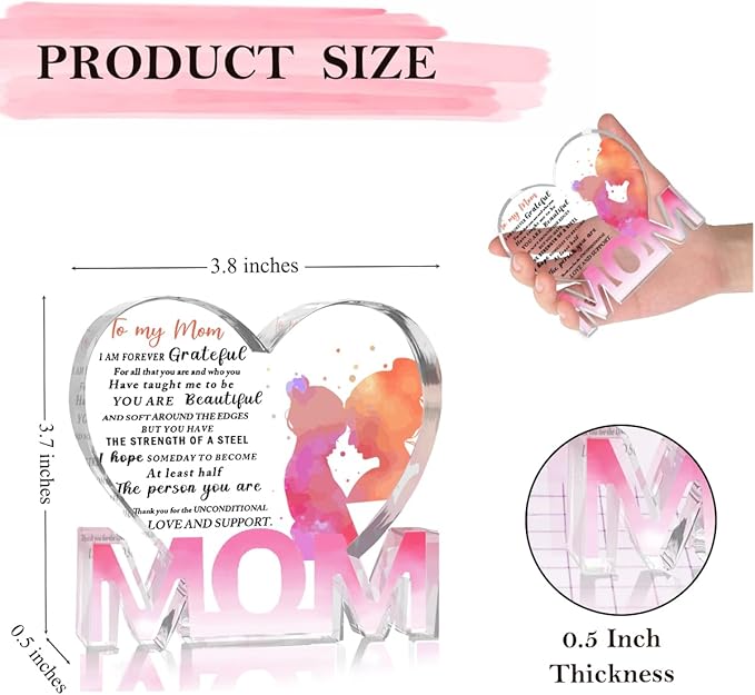 Mothers Day Gifts Best Mom Gifts -Gifts for Mom from Daughter Son - Best Mom Ever Gifts Unique Mother Birthday Acrylic Heart-Shaped Plaque Desk Decorations Present for Mom Christmas Anniversary