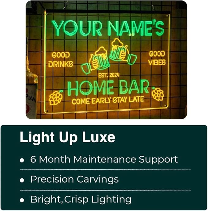 Personalized Home Bar Neon Sign LED Light Up Bar Wall Decor with Beer Mugs and Snacks Icons for Home Pub Kitchen Lounge Man Cave Party Room Custom Name Gift