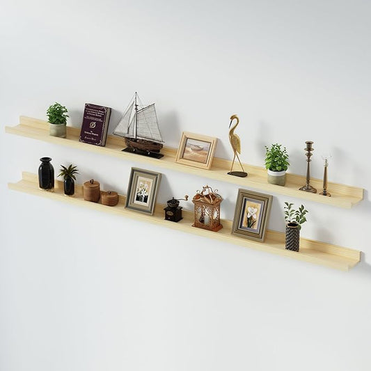 SAUMONIERES Picture Ledge Shelf Floating Book Shelves Set of 2 Wall Mounted Solid Wood for Bedroom Bathroom Living Room Kitchen, 72 Inch Natural