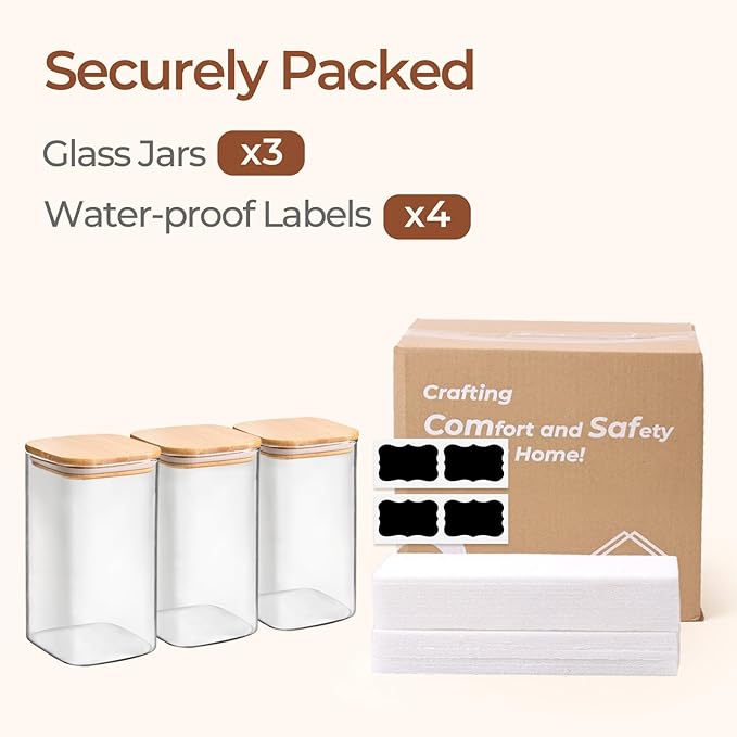 ComSaf 1.4 Qt Glass Storage Containers with Lids, Glass Jars with Lids, Clear Food Storage Jar, Square Canister Set of 3, Pantry Organizers and Storage for Flour Oat Pasta Tea Cookie Coffee Bean