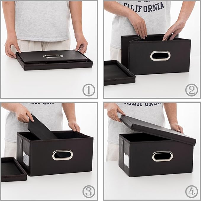 PRANDOM Collapsible Storage Box with Lid [1-Pack] Leather Fabric Foldable Storage Bin Organizer Container Basket Cube with Cover for Home Bedroom Closet Office Nursery Black (13.6x9.6x6.9)