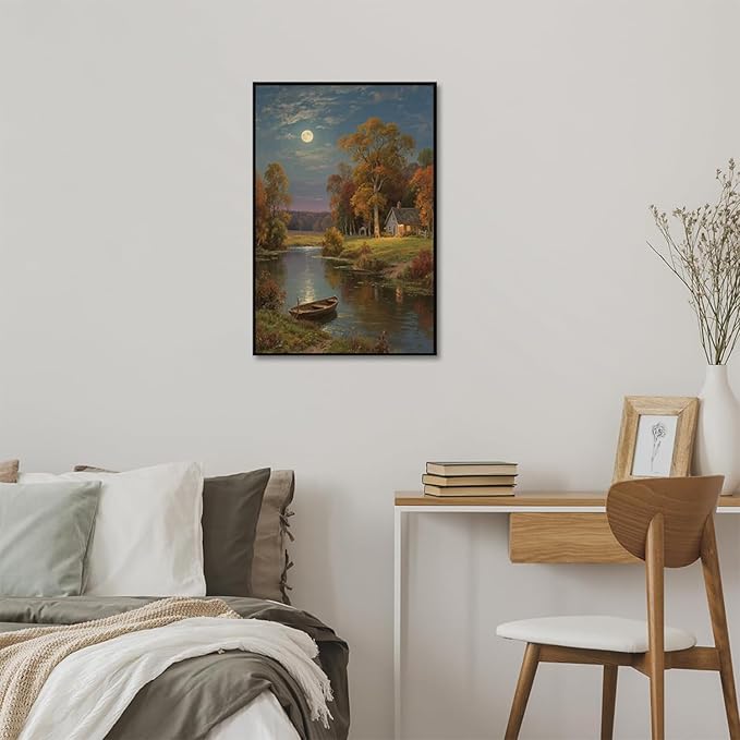 Small house by the stream under the moonlight tranquil style suitable for living room bedroom and office landscape poster wall art
