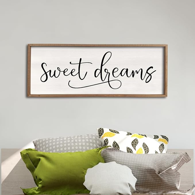 comurdyo Sweet Dreams Wall Decor Above Bed Sign 40" x 15" Master Bedroom Wooden Antique Framed Large Rustic Farmhouse Guest Room Beautiful Simple Hanging Plaque Over Bed Wall Art (Wood)