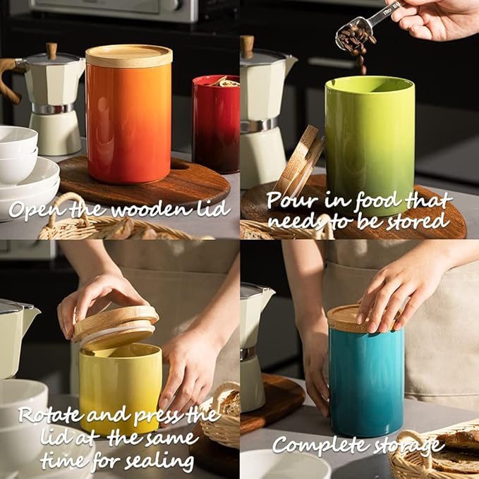 Sweejar Ceramic Food Storage Jar, Stackable Kitchen Canisters, Containers with Airtight Seal Wooden Lid for Serving Coffee Grounds, Coffee Bean, Flour, Tea, Spice and More - 39 Fl Oz (Gradient Gray)