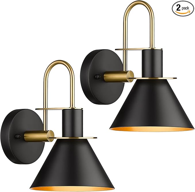 Industrial Wall Sconce Set of 2, HWH Modern 1-Light Bathroom Vanity Light Fixtures, Single Wall Sconce for Bedroom, Balcony, Over Mirror, Kitchen Sink, Black and Gold Finish, 5HZG56B-2 BK+BG
