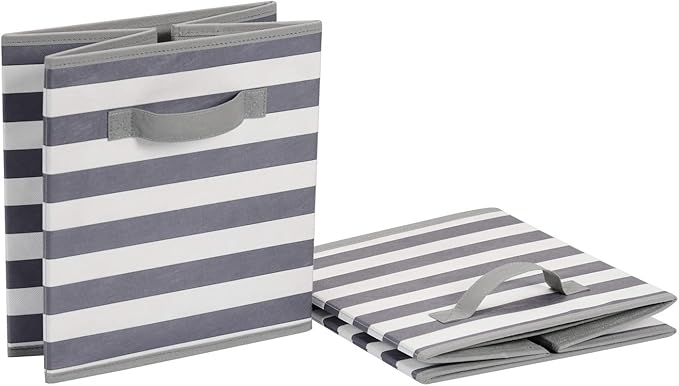 Amazon Basics Cube Organizer Storage Bins Handles, Collapsible Fabric, Pack of 6, 13"x13"x13", White/ Light Grey Stripe