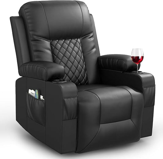 Recliner Chairs for Adults, FSC Certified Massage Rocker with Heated Modern Ergonomic Lounge 360 Degree Swivel Single Sofa Seat Living Room Lounge Recliners Black