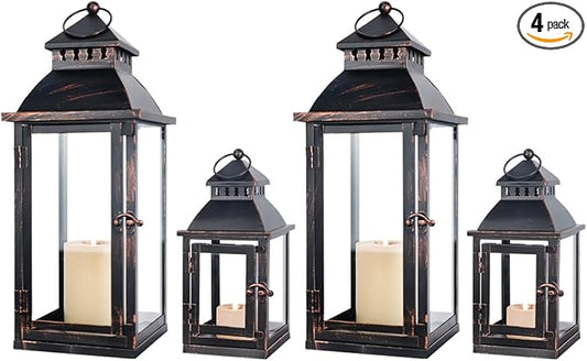 NEEDOMO Bronze Metal Lanterns Decorative Outdoor & Indoor, Set of 4 (17" & 10") with Glass, Candle Holder for Porch, Patio, Garden, Balcony, Wedding, Table Centerpiece Decorations