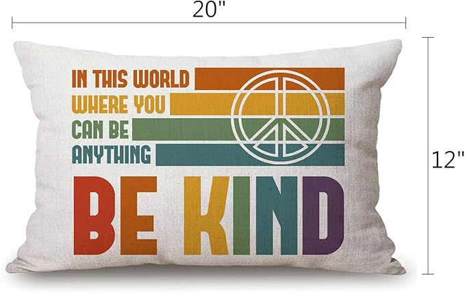 Be Kind Lumbar Throw Pillow Cover 12x20 Inch Decorative Bedroom Living Room Rainbow and Peace Sign Rectanglar Cushion Case for Bed Sofa Couch